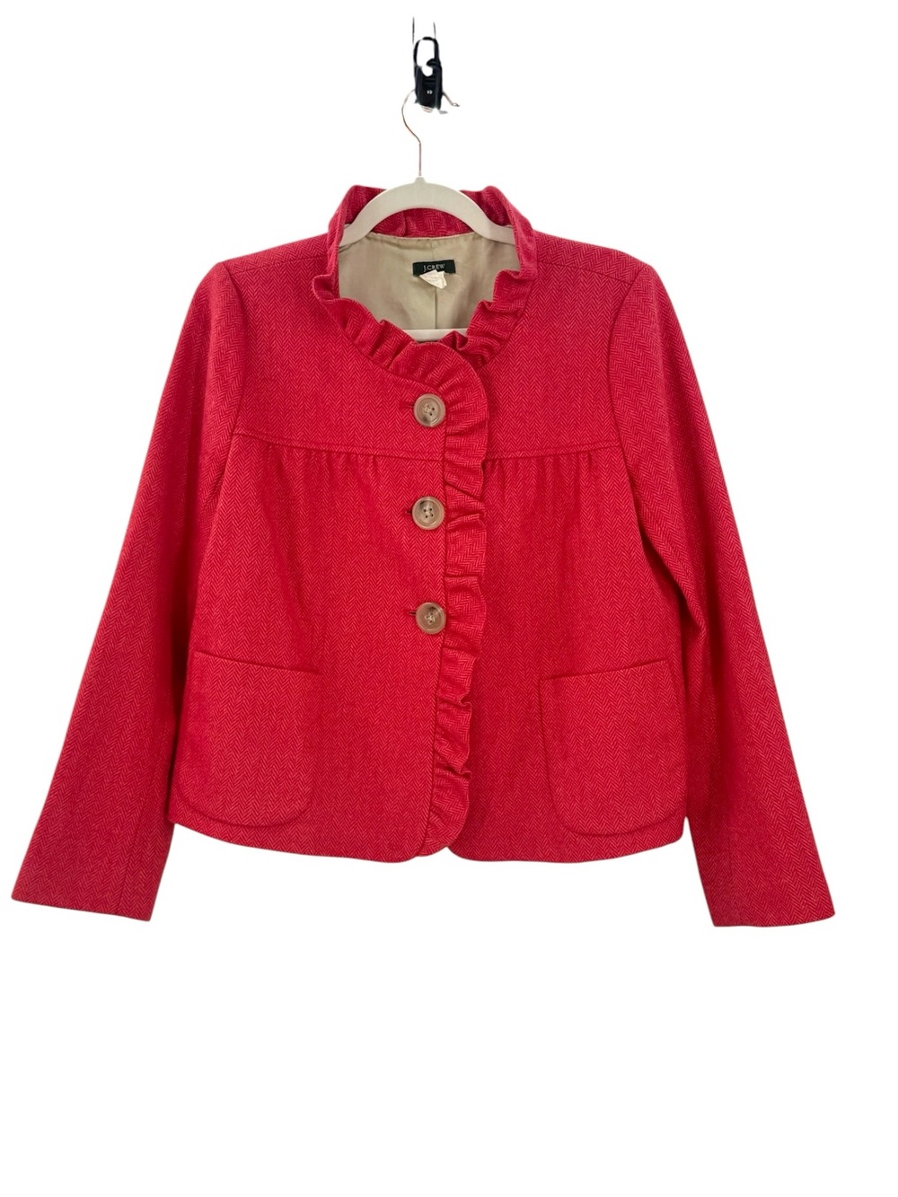 J.Crew Y2K Fiona Wool Herringbone Ruffle Jacket Rhubarb Red Size 6 FA08 - Picture 4 of 13